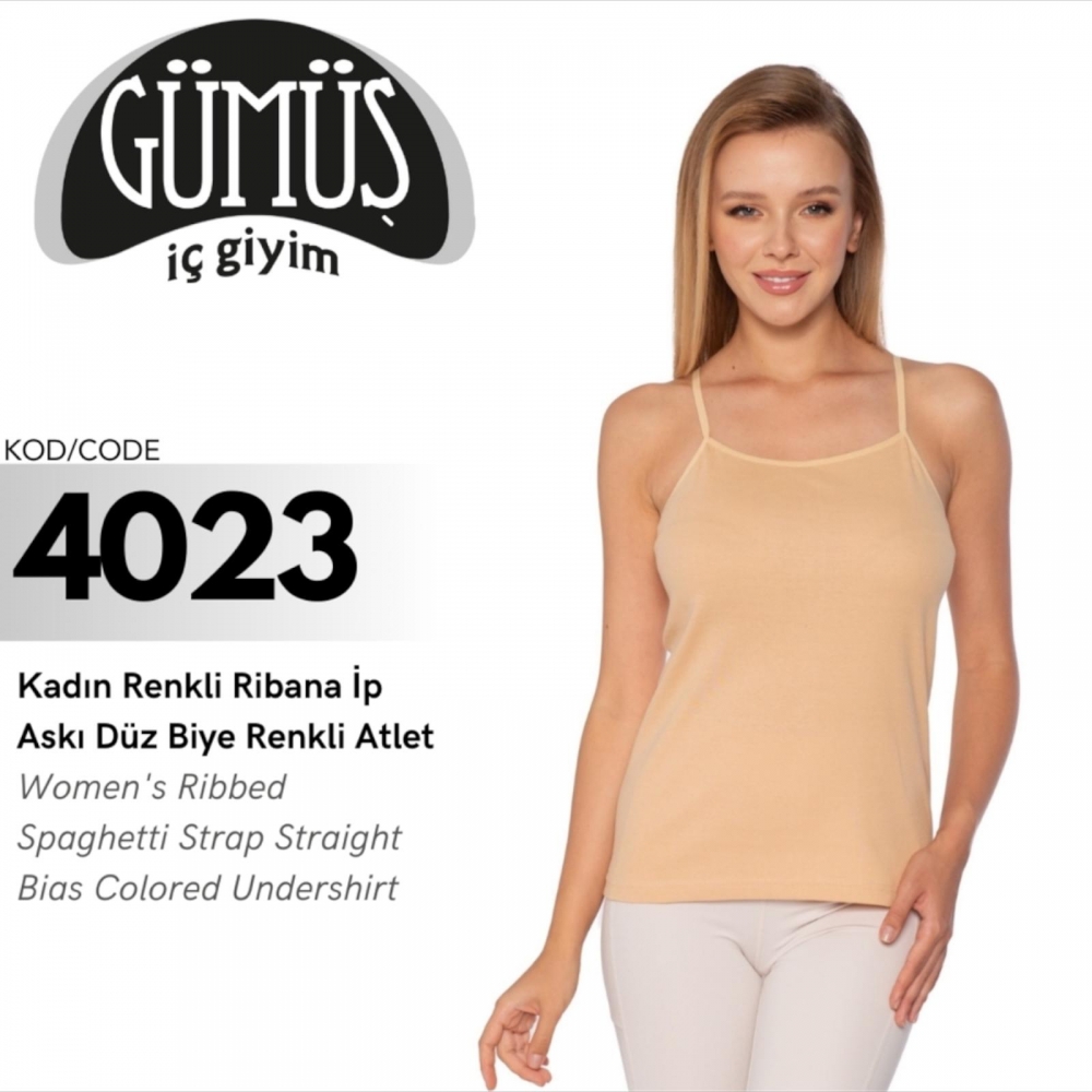 GÜMÜŞ 4023 BATTAL KADIN RENKLİ RİBANA İP ASKI DÜZ BİYE ATLET